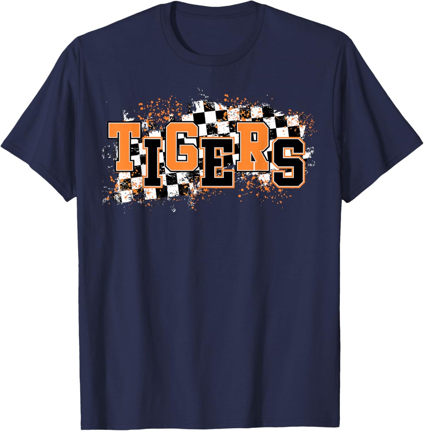 Tigers School Spirit Tiger Pride Orange Tigers Checkered T-Shirt - T-Shirt | Navy