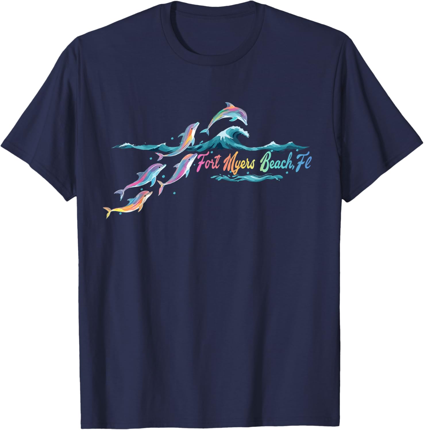 Fort Myers Beach Florida Colorful Dolphin Lover Beach T-Shirt - T-Shirt | Navy