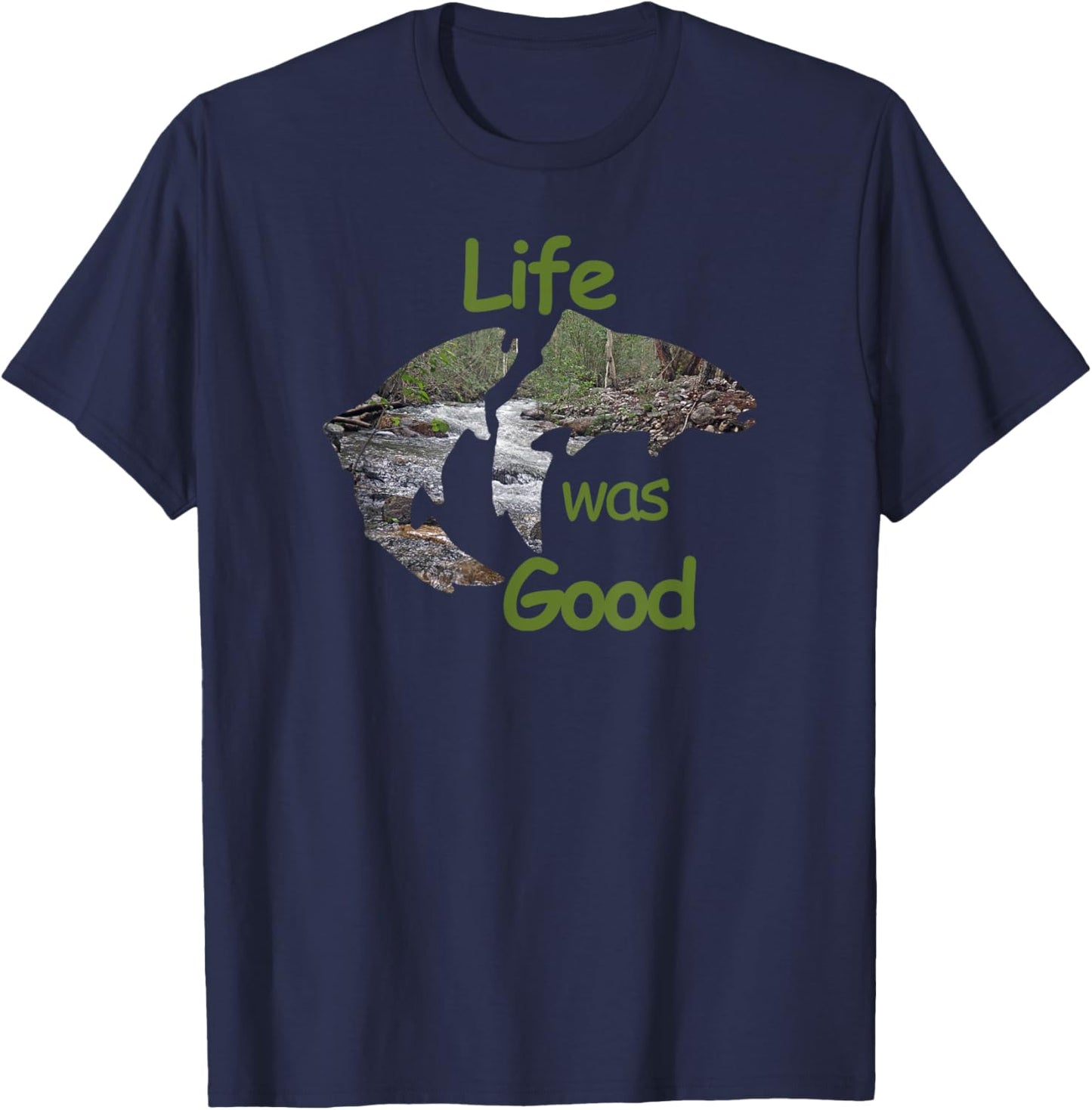 Life Was Good (LWG) Two Trout with inlay stream scene. T-Shirt - T-Shirt | Navy