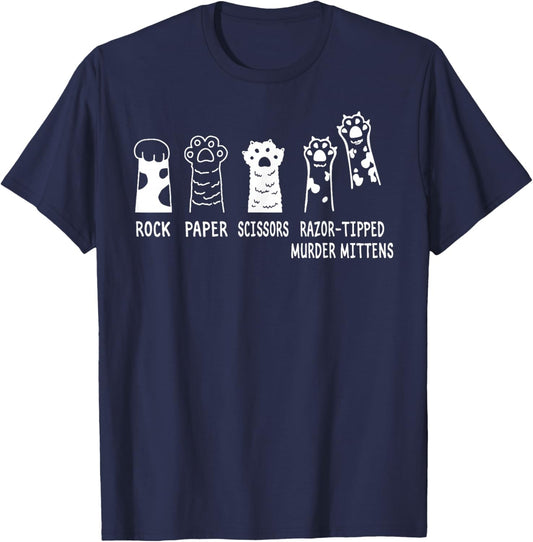 Rock Paper Scissors Razor-Tipped Murder Mittens Cute Cats T-Shirt - T-Shirt | Navy