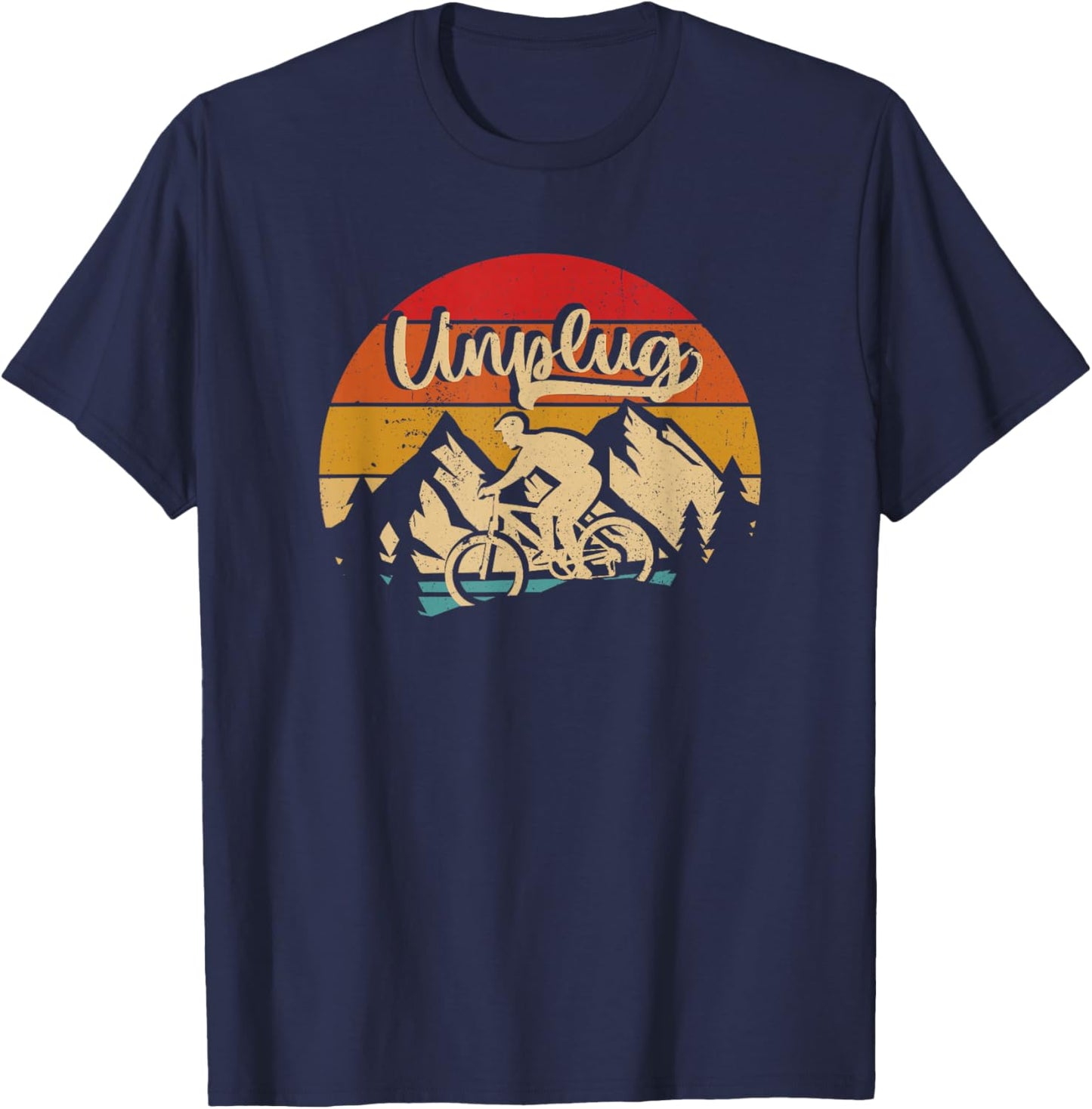 MTB Mountain Bike Unplug Vintage Sunset Sport Biker Riding T-Shirt - T-Shirt | Navy