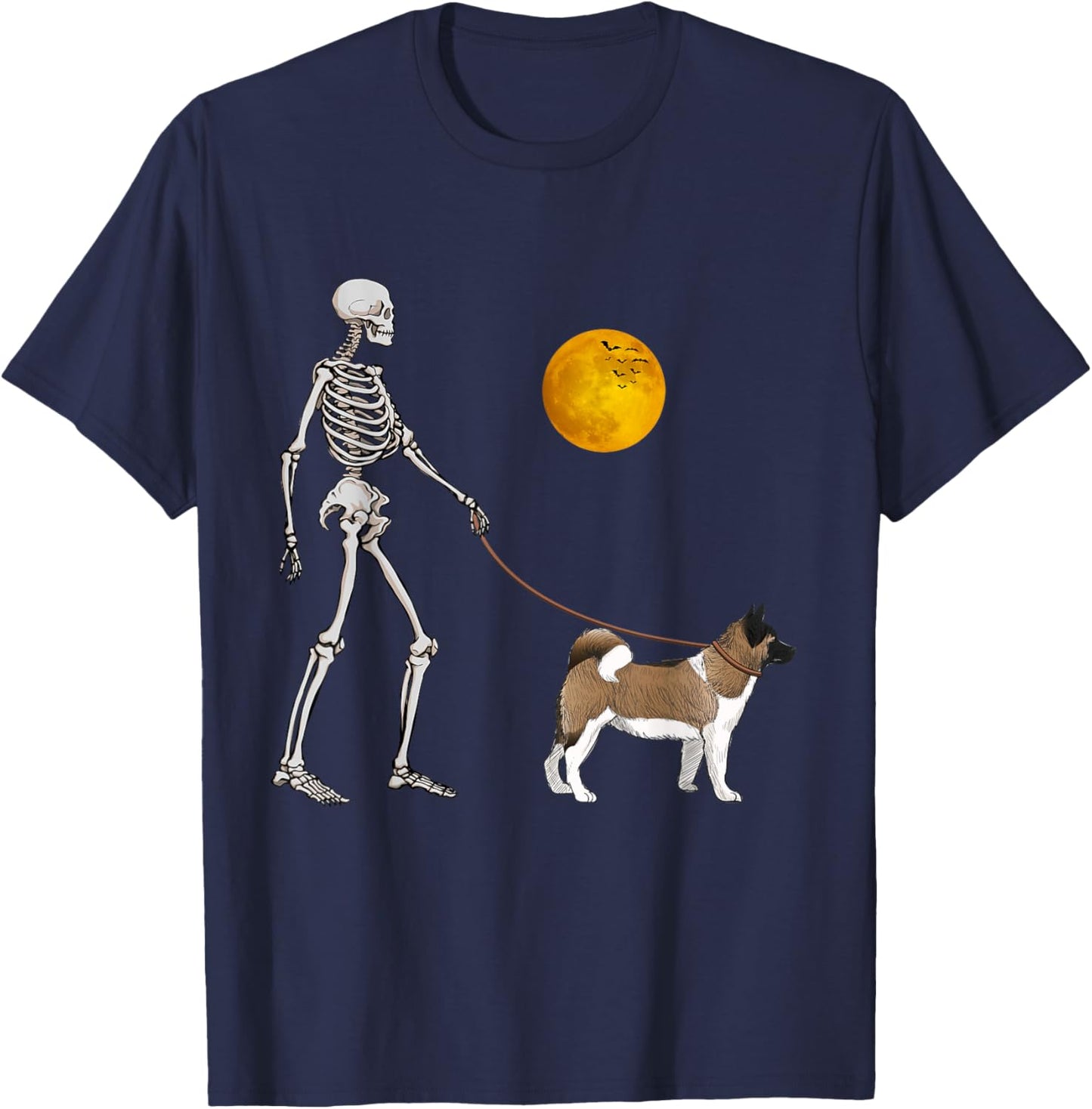 Akita Inu Skeleton Dog Walking Halloween Costume T-Shirt - T-Shirt | Navy
