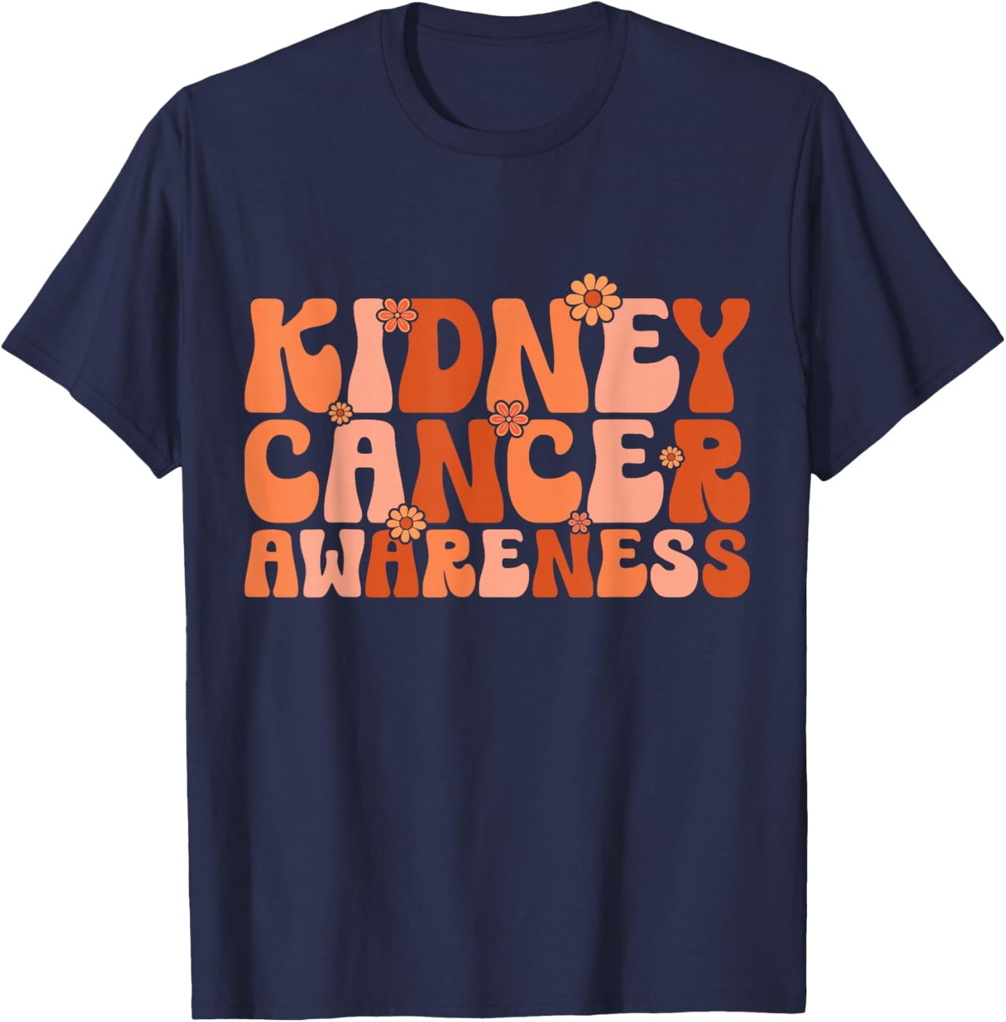 Kidney Cancer Awareness Groovy Floral Orange Ribbon T-Shirt - T-Shirt | Navy