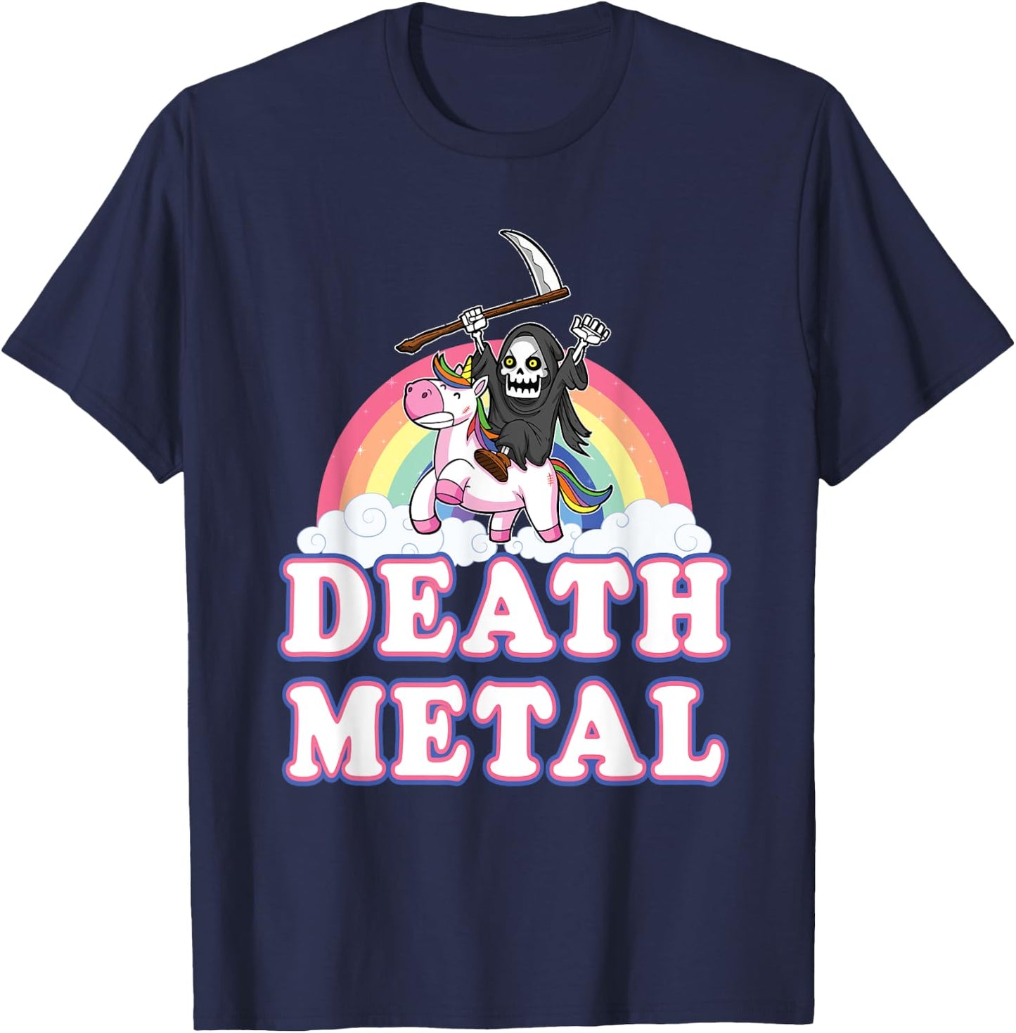 Death Metal Rock Music Halloween Grim Reaper Riding Unicorn T-Shirt - T-Shirt | Navy