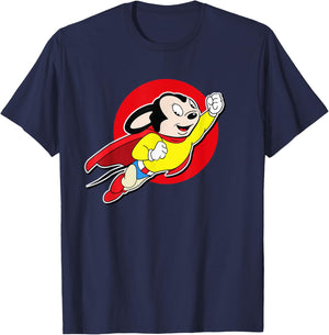 Superhero Cartoon Mouse Rockets Up in Mighty Retro Cartoon T-Shirt - T-Shirt | Navy