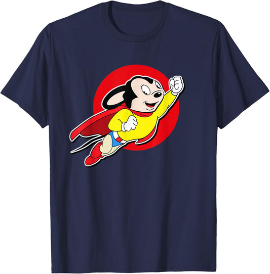 Superhero Cartoon Mouse Rockets Up in Mighty Retro Cartoon T-Shirt - T-Shirt | Navy