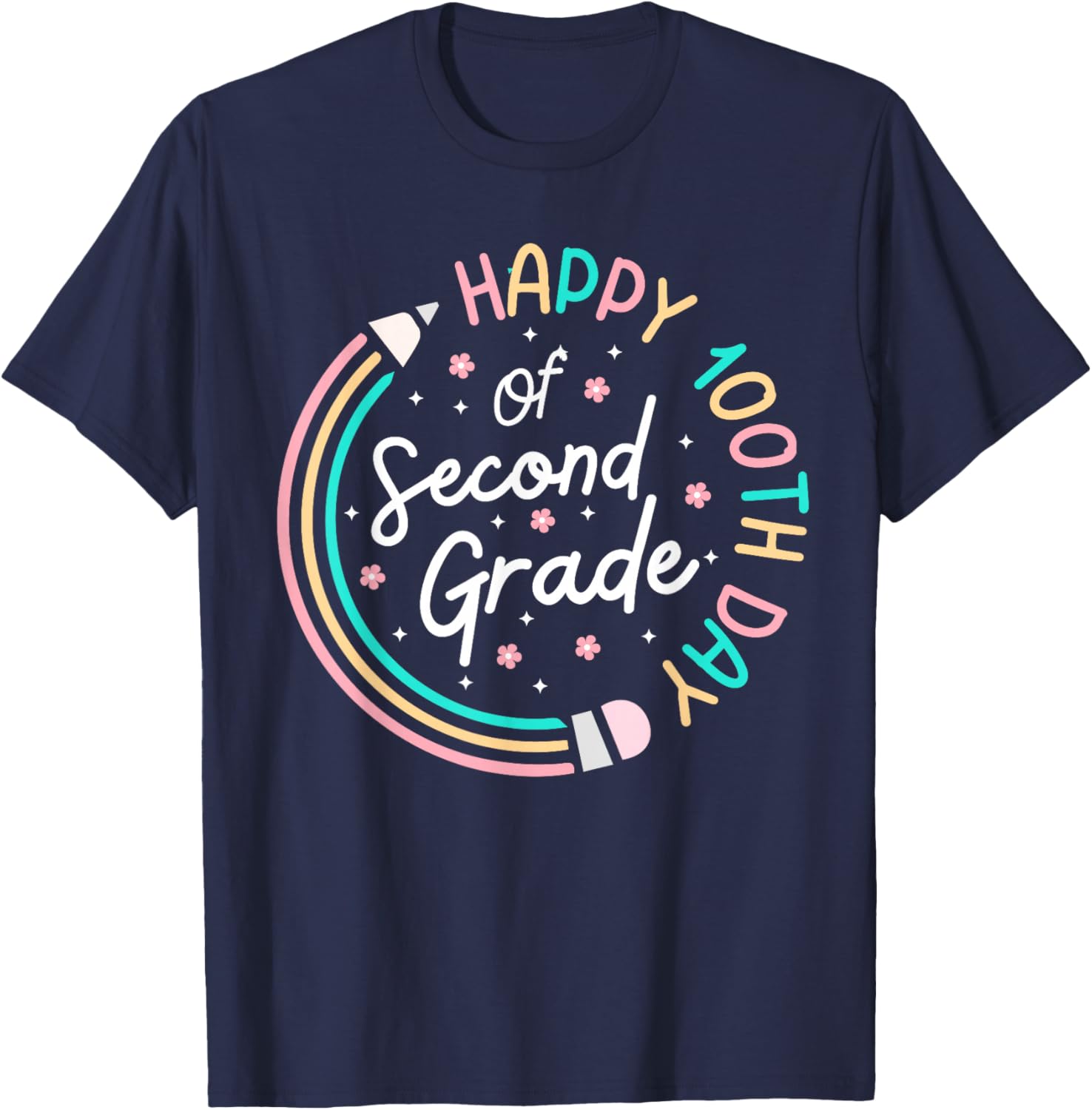 Happy 100th Day 2nd Grade Retro 100 Days Of School Teacher T-Shirt - T-Shirt | Navy