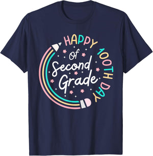Happy 100th Day 2nd Grade Retro 100 Days Of School Teacher T-Shirt - T-Shirt | Navy