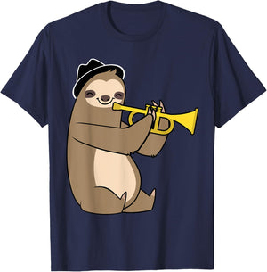 Jazz Sloth Trumpet Funny Musician Cute Animal Playing T-Shirt - T-Shirt | Navy