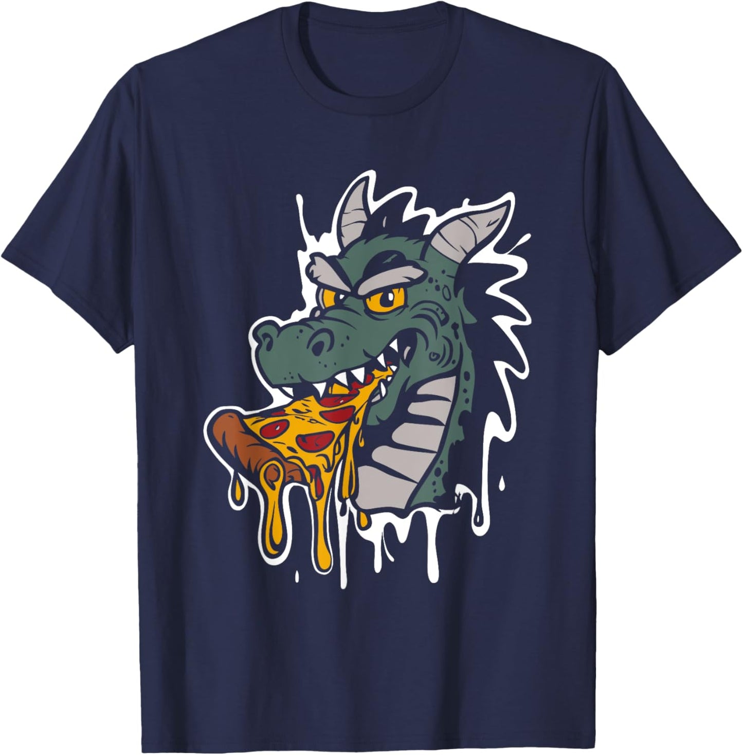 Dragon Eating Pizza - Vintage Dragon Pizza Slice Lover T-Shirt - T-Shirt | Navy