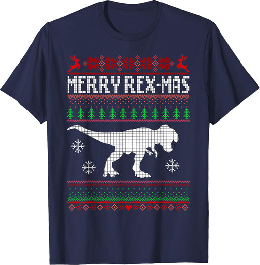 Merry Rex-Mas T-Rex Dinosaur Santa Christmas Ugly Sweater T-Shirt - T-Shirt | Navy