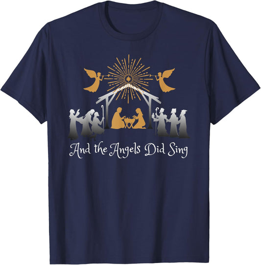 Dibble Dabble Designs Holidays Christian Nativity - And the Angels Did Sing -Adults Kids Black Short Sleeve T-Shirt - T-Shirt | Navy