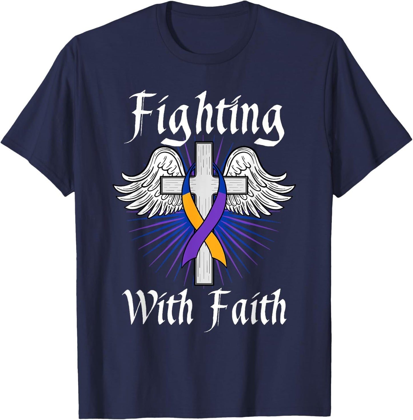 Fighting Faith Bladder Cancer Purple Blue And Yellow Dysuria T-Shirt - T-Shirt | Navy