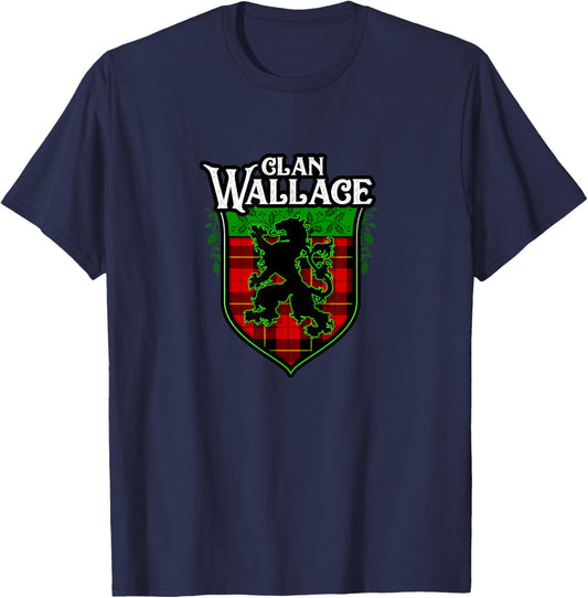 Clan Wallace Surname Scottish Clan Lion Rampant Tartan T-Shirt - T-Shirt | Navy