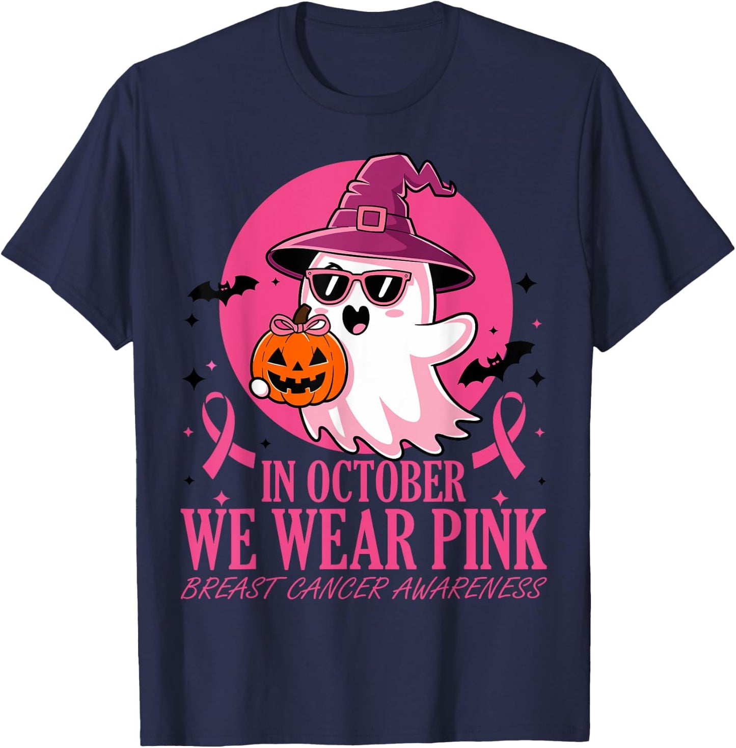 In October We Wear Pink Breast Cancer Awareness Halloween T-Shirt - T-Shirt | Navy
