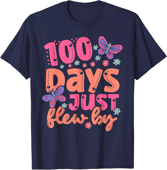 Cute 100 Days Just Flew By Butterfly 100 Days of School T-Shirt - T-Shirt | Navy