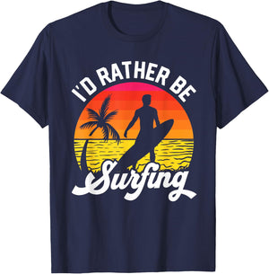I'd Rather Be Surfing Surfboard Surfer Silhouette Retro T-Shirt - T-Shirt | Navy