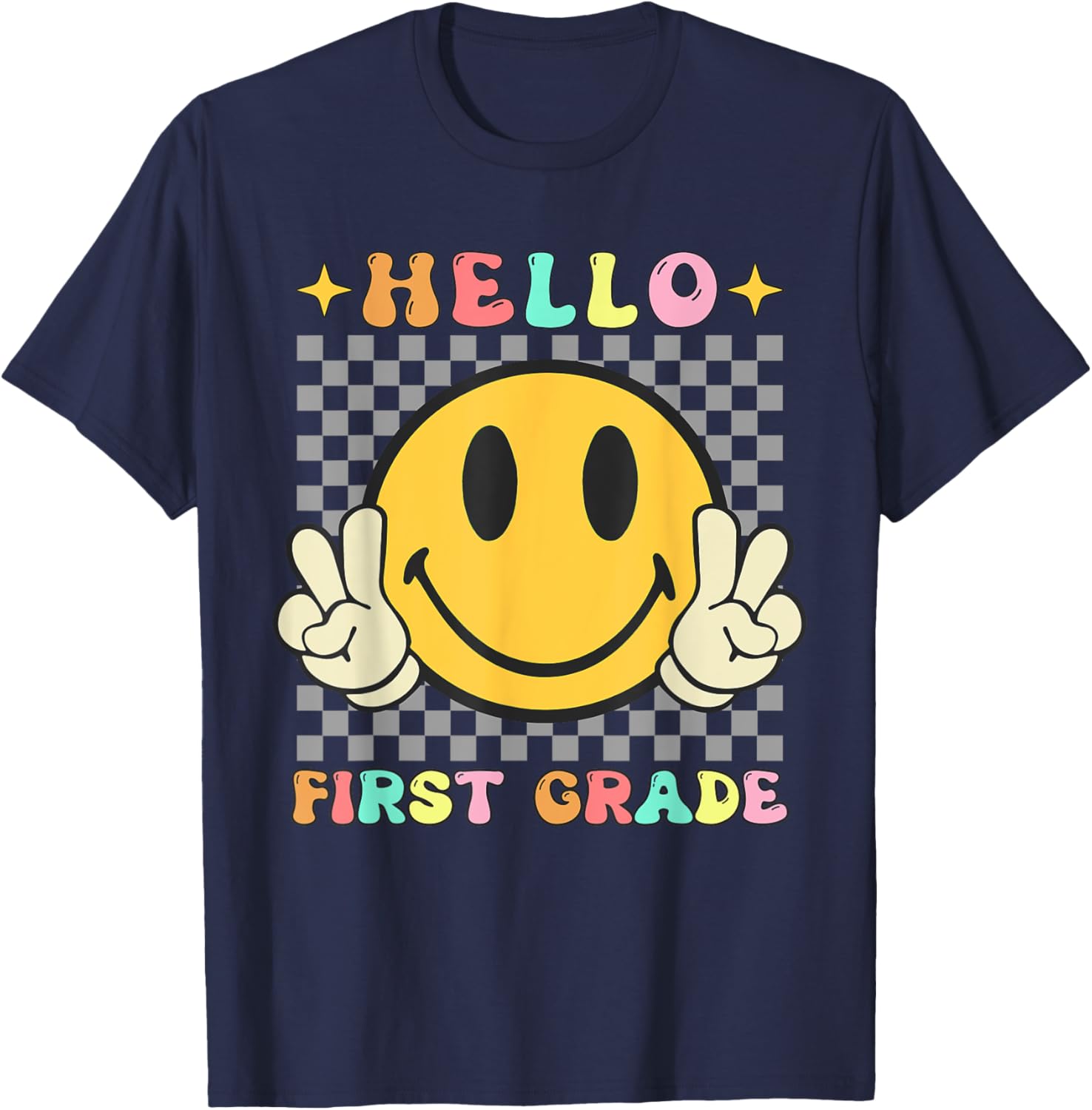 Retro Groovy 1st Grade Back to School Hello First Grade T-Shirt - T-Shirt | Navy