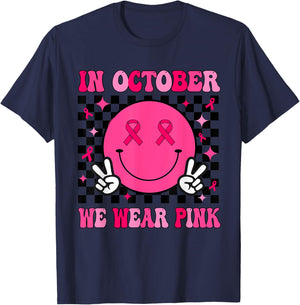 In October We Wear Pink Ribbon Breast Cancer Awareness T-Shirt - T-Shirt | Navy