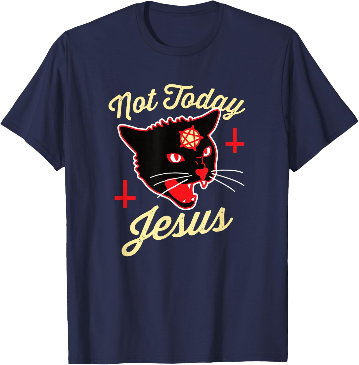 Not Today Jesus Hail Satan Satanic Cat Death Metal Halloween T-Shirt - T-Shirt | Navy