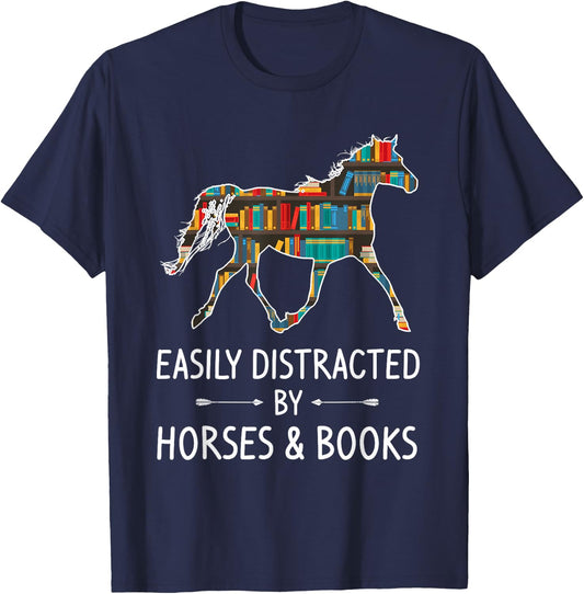 Easily Distracted By Horses & Books Lover Gift Hare Mare T-Shirt - T-Shirt | Navy