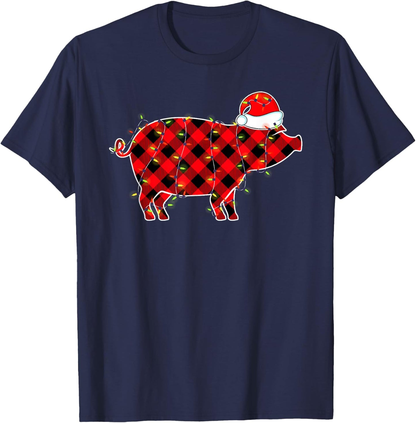 Red Plaid Pig Christmas Lights Pajamas Adult Kids T-Shirt - T-Shirt | Navy
