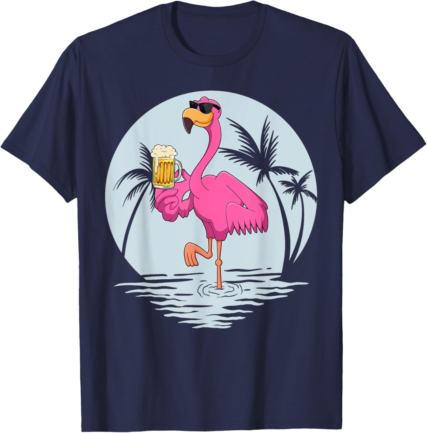 Funny Pink Flamingo Bird With Mug Of Beer Summer Vacation T-Shirt - T-Shirt | Navy
