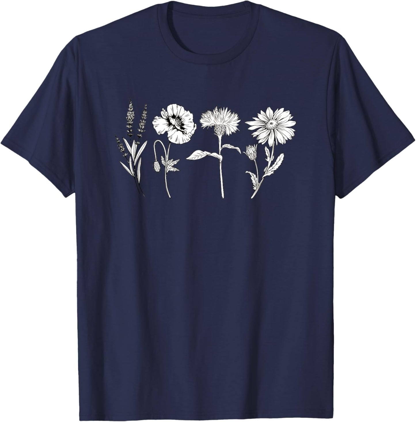 Women's Botanical Wildflower Flower T-Shirt - T-Shirt | Navy