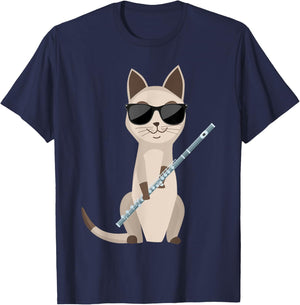 Funny Cat Wearing Sunglasses Playing Flute Flutist Cat Women Girls Kids T-Shirt - T-Shirt | Navy