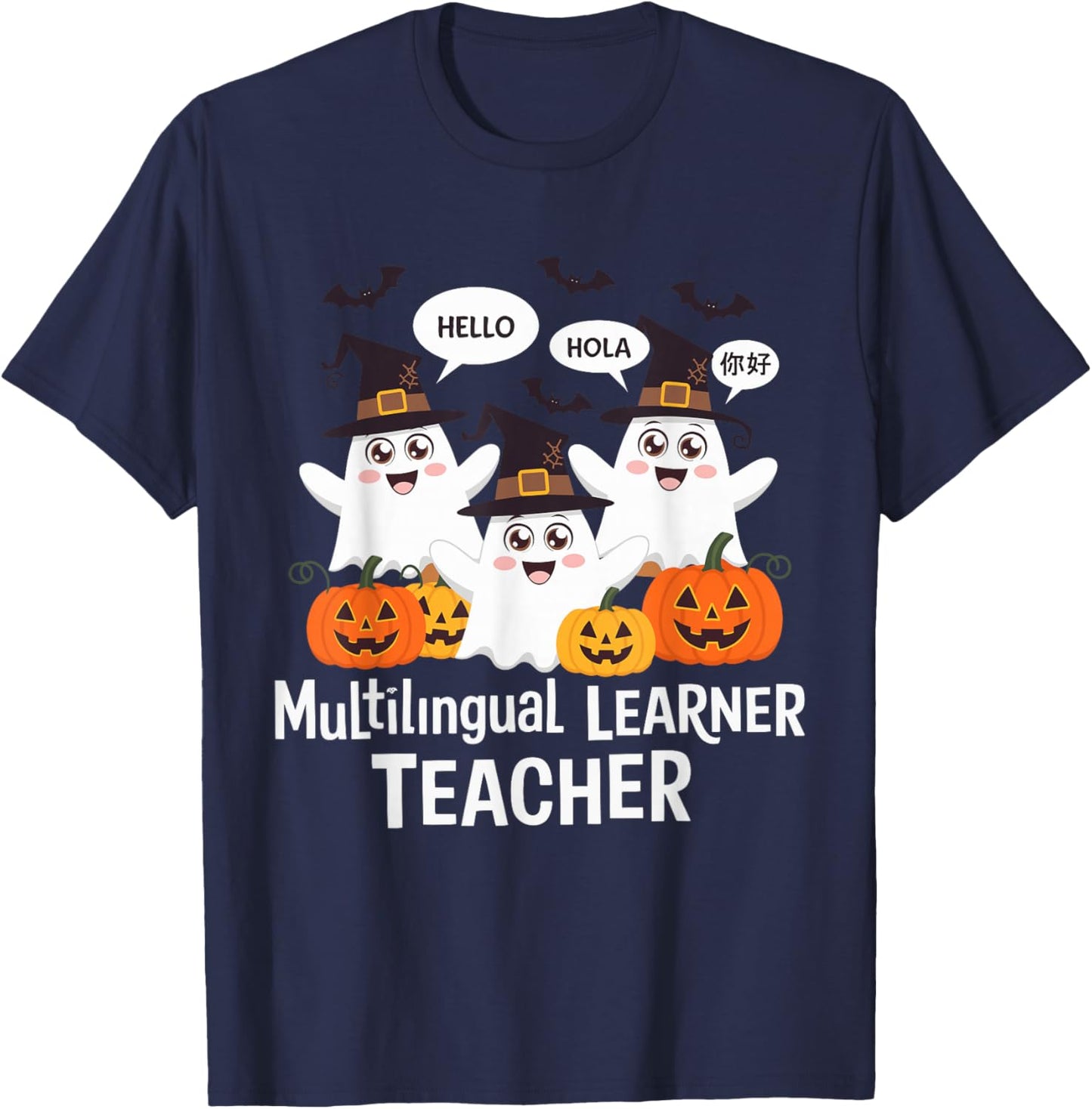 Multilingual Learner Teacher Spooky Halloween ESL Teacher T-Shirt - T-Shirt | Navy