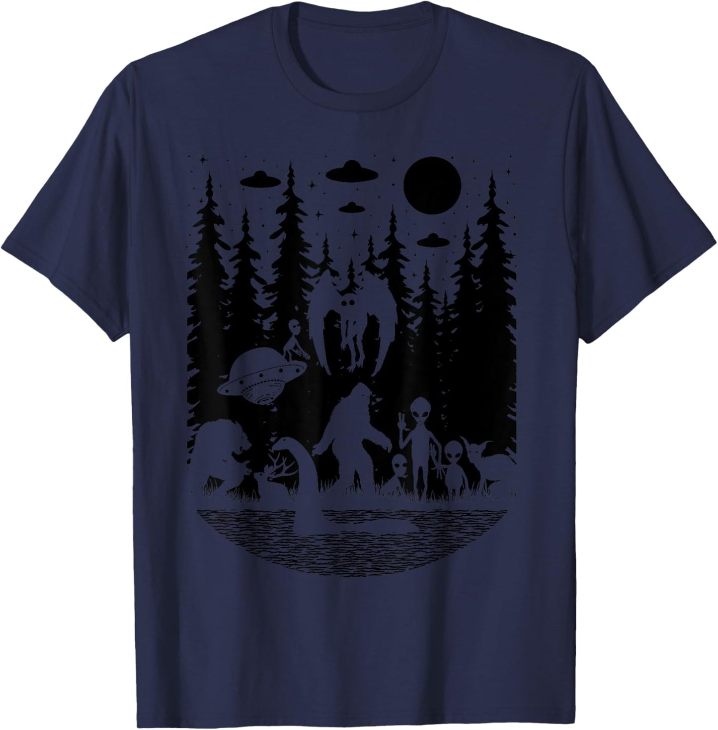 Bigfoot Loch Ness Monster Mothman And Aliens Funny Cryptid T-Shirt - T-Shirt | Navy