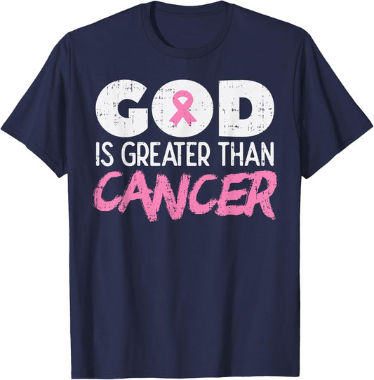 God Is Greater Than Cancer Ribbon Breast Cancer Awareness T-Shirt - T-Shirt | Navy