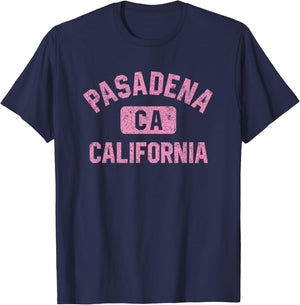 Pasadena California Gym Style Distressed Pink Print T-Shirt - T-Shirt | Navy