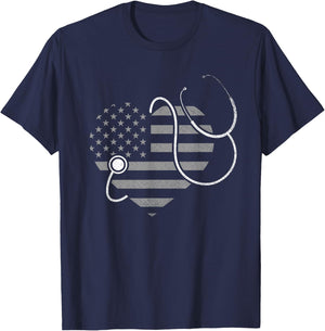 US Flag Stethoscope Patriotic Nursing Medicine Heart Nurse T-Shirt - T-Shirt | Navy