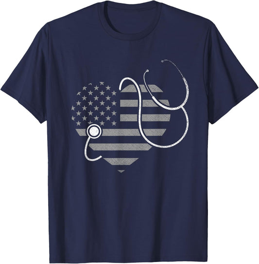 US Flag Stethoscope Patriotic Nursing Medicine Heart Nurse T-Shirt - T-Shirt | Navy