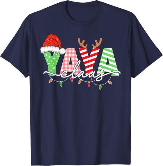 Yaya Claus Christmas Lights Santa Hat Family Matching T-Shirt - T-Shirt | Navy