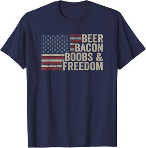 BEER BACON BOOBS & FREEDOM - Vintage USA Flag BBQ Drinking Men T-Shirt - T-Shirt | Navy