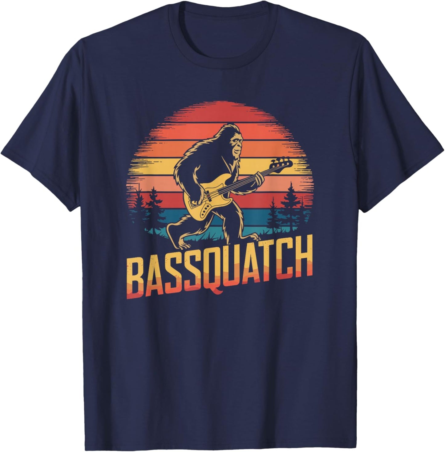 Bassquatch, Retro Bigfoot Bass Guitar Sasquatch T-Shirt - T-Shirt | Navy