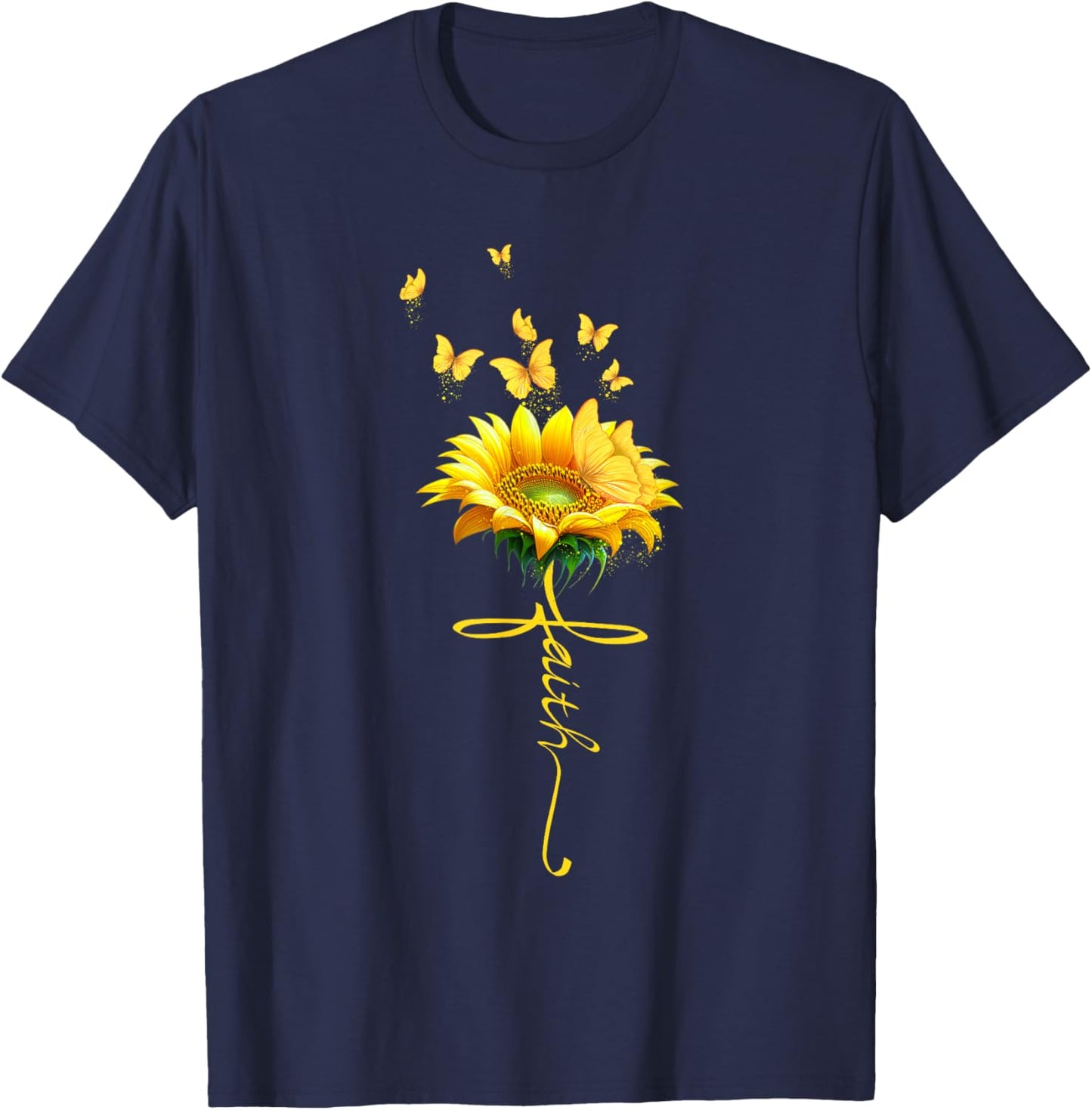Faith Cross Sunflower Butterflies Flowers Christians T-Shirt - T-Shirt | Navy