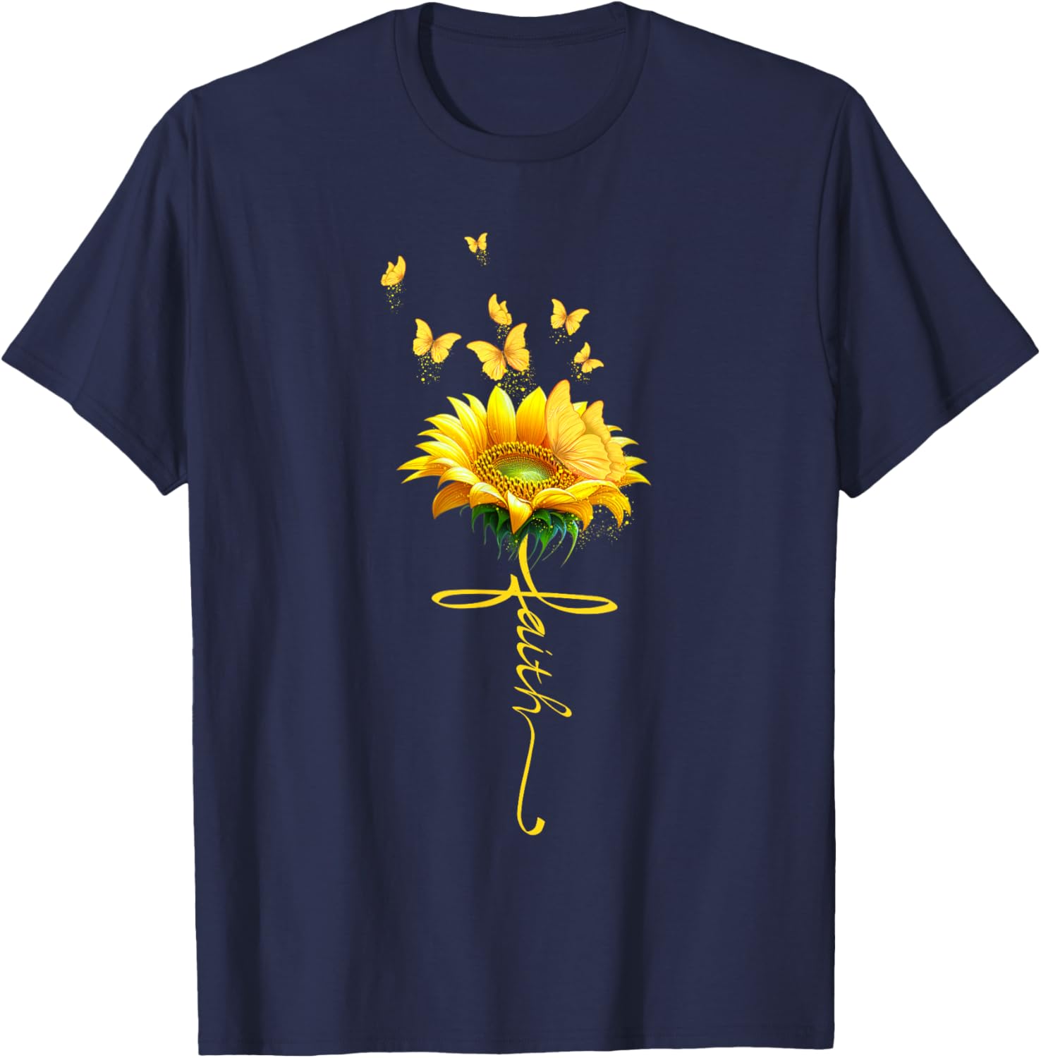 Faith Cross Sunflower Butterflies Flowers Christians T-Shirt - T-Shirt | Navy