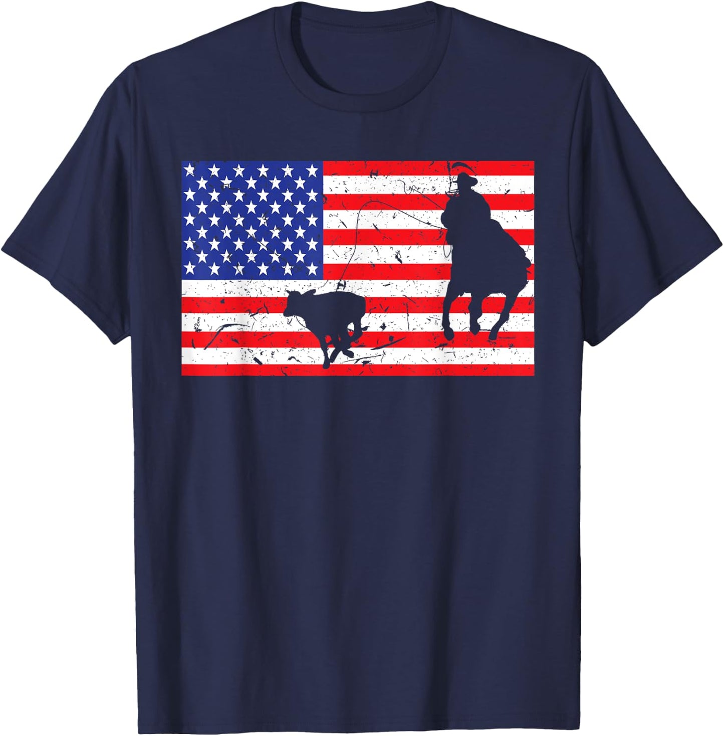 Distressed Roping USA American Flag Vintage Rodeo Calf Roper T-Shirt - T-Shirt | Navy