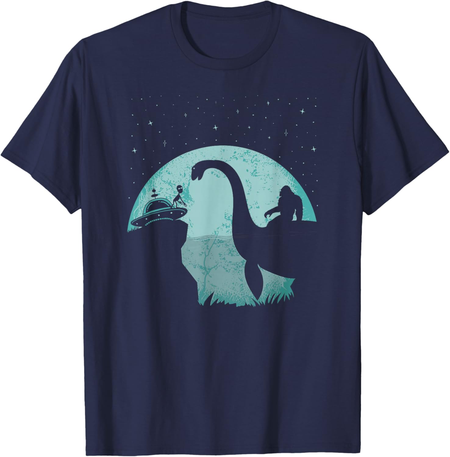 Bigfoot Riding Loch Ness Monster Sasquatch Ufo Abduction T-Shirt - T-Shirt | Navy