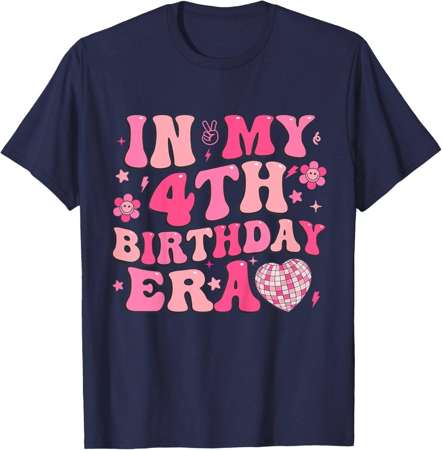 Kids Groovy In My 4th Birthday Era Four 4 Years Old Disco Heart T-Shirt - T-Shirt | Navy