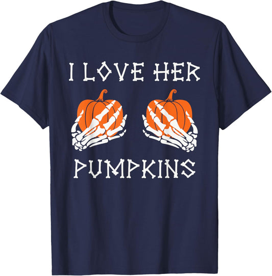 I Love His Broomstick I Love Her Pumpkins Halloween Couples T-Shirt - T-Shirt | Navy