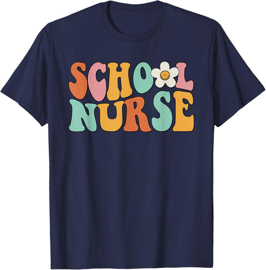 Retro Groovy School Nurse Appreciation Nursing Nurse Day T-Shirt - T-Shirt | Navy