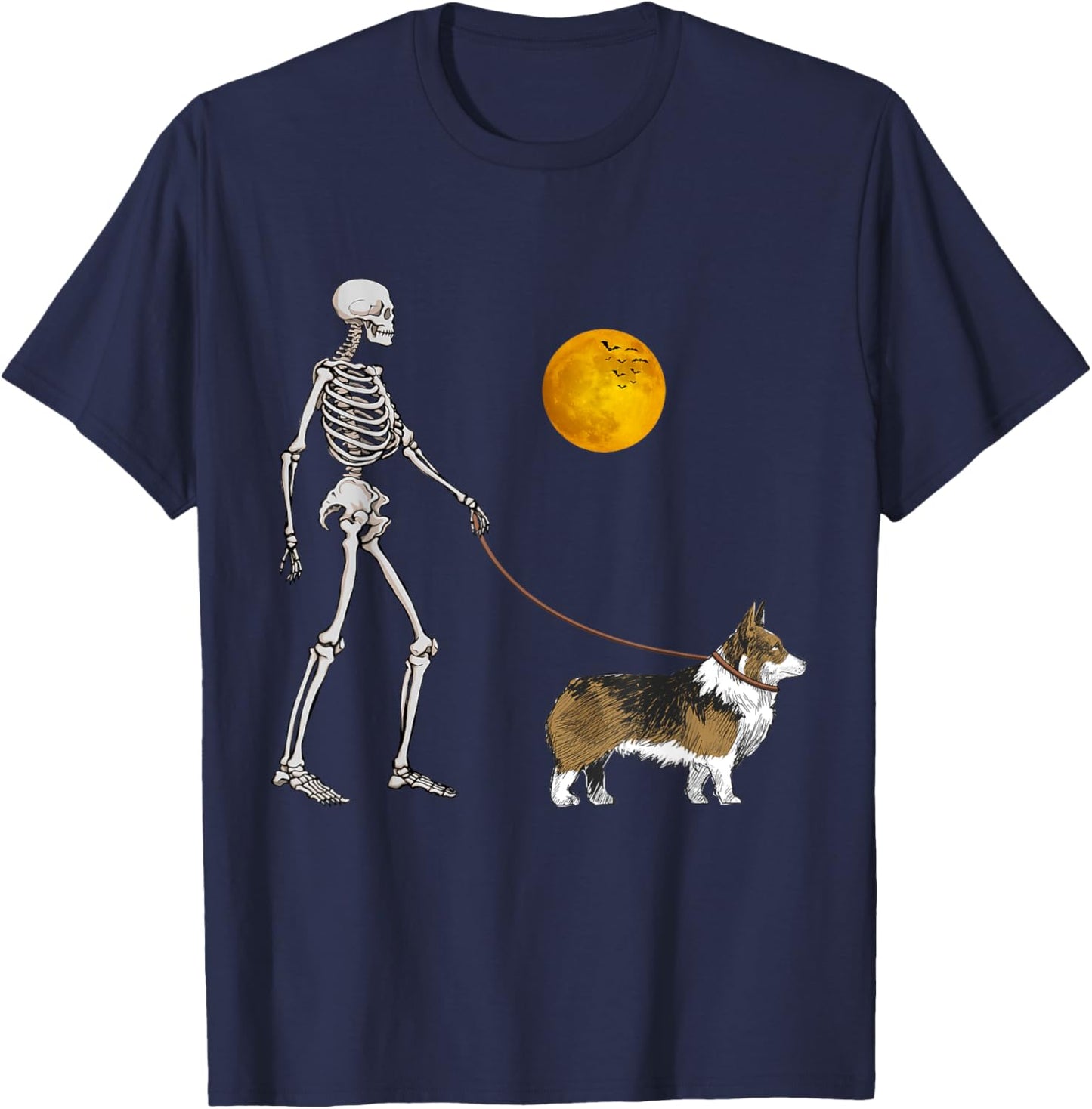 Pembroke Welsh Corgi Skeleton Dog Walking Halloween Costume T-Shirt - T-Shirt | Navy
