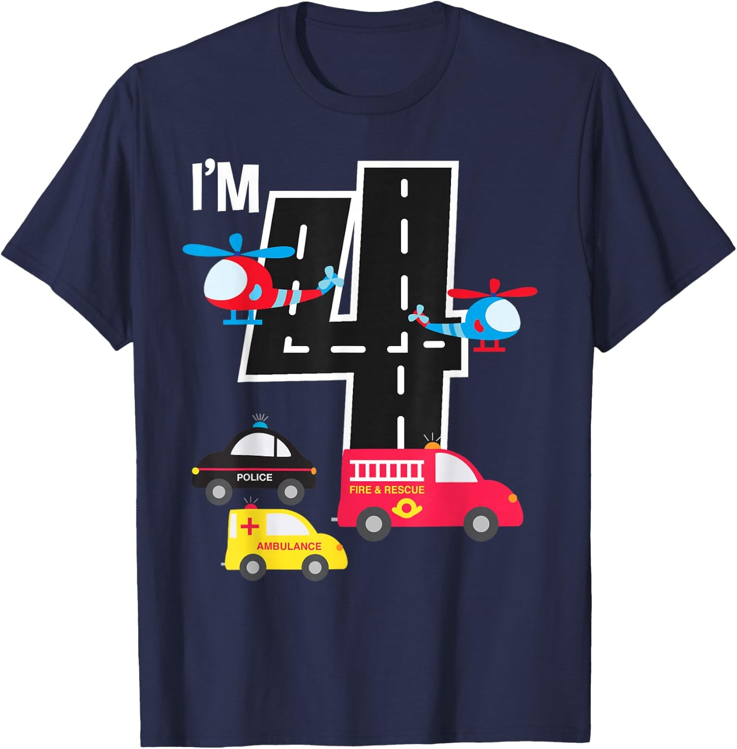 4th Birthday Fire Truck Police Car Ambulance 4 Year Toddler T-Shirt - T-Shirt | Navy