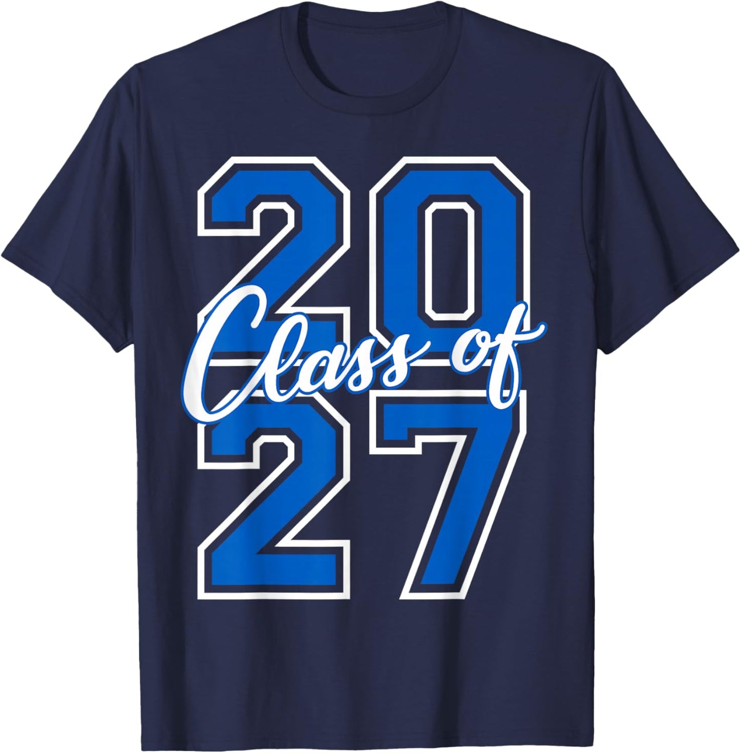 Class of 2027 Graduation Varsity Blue and White Letters T-Shirt - T-Shirt | Navy