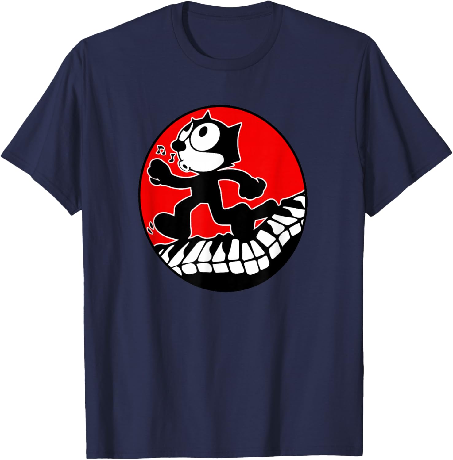 Felix Cartoon Cat Walks and Whistles on Piano Keyboard Retro T-Shirt - T-Shirt | Navy