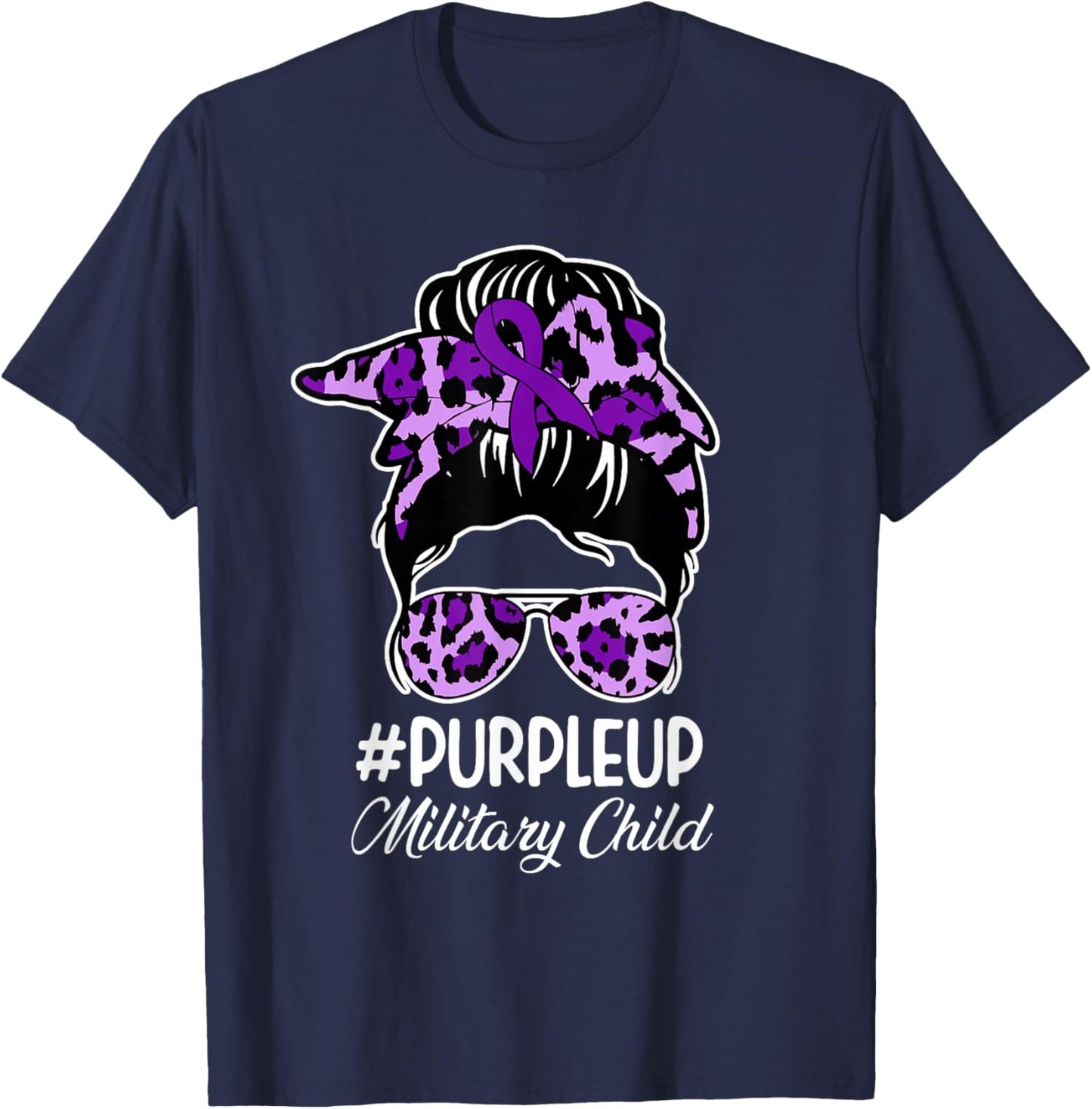 Bleached Purple Up for Military Kids Messy Bun Mom T-Shirt - T-Shirt | Navy